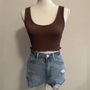 Brown Tank Ruffle Ribbed Stretchy Crop Top Size Small